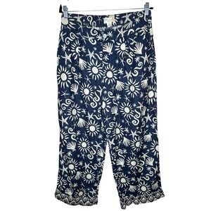 C&C California 100% Linen Pants L Blue Ivory‎ Zip Elastic Back Sun Starfish Boho